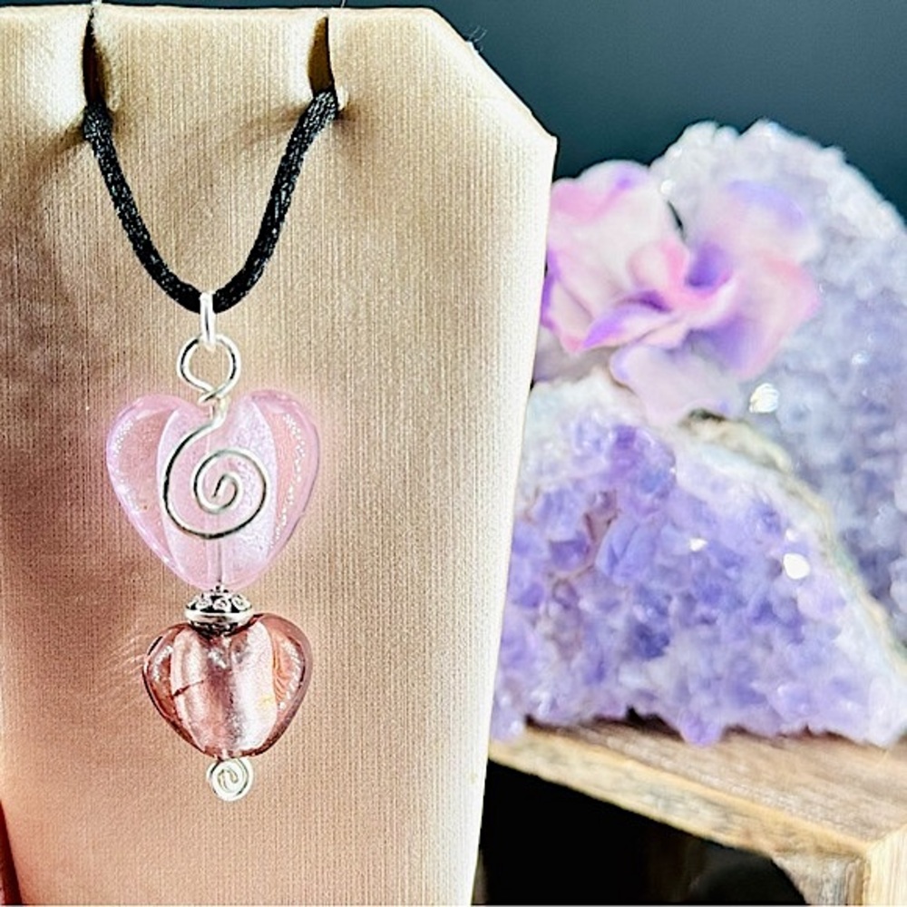 Shimmer Glass Double Hearts Necklace w/Silver Wire Detail on a Black Silk Cord